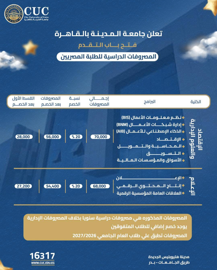 مصروفات جامعة المدينة بالقاهرة 2026-2027 مصروفات جامعة المدينة بالقاهرة 2026-2027